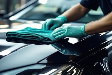 Washing car with cloth. Hand polishing vehicle. Ai Generative - obrazy, fototapety, plakaty