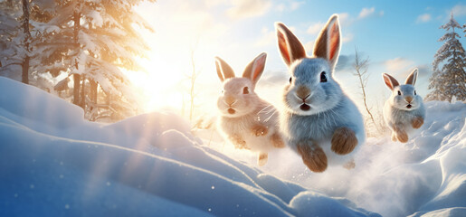 Three hares, rabbits running through a snow-covered field during the day in winter