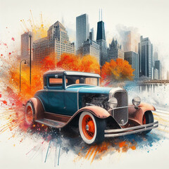 fine art realistic photography, logo for t-shirt print, splash of color, a tuned 1930s jalopy, chicago city, plain white background, autumn afternoon