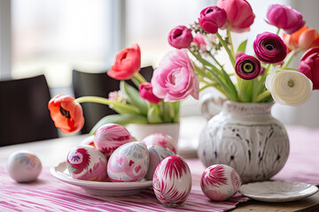 Obraz na płótnie Canvas Colorful Ranunculus Flowers in a Decorative Bowl Amidst Easter Eggs