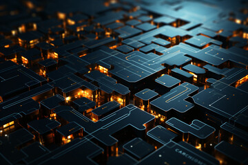 Dark blue geometric shapes with orange highlights