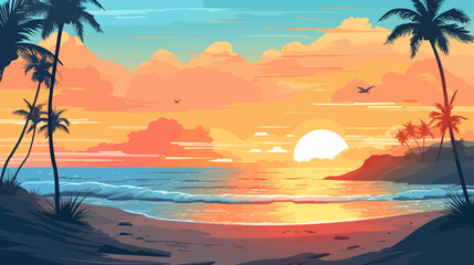 Tropical beach at sunset with palms. Vector illustration in cartoon style