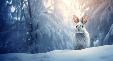 A white rabbit in a winter scenery standing on the right. Space for a text on the left side. Earthy colors