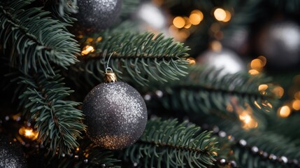 Obraz na płótnie Canvas Black ornaments decorated Christmas tree background. Merry Christmas, Happy New Year concept. Beautiful festive dark glitter decorations balls and bokeh garland lights..