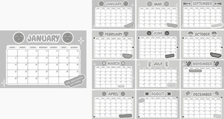 2024 year calendar template. Business, personal black and white planner. 12 month pages. A week starts on Monday. Vector cartoon style with stickers and motivational quotes