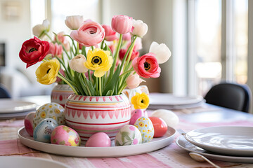 easter table setting with tulips - obrazy, fototapety, plakaty