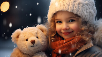 Beautiful little girl wearing in white knitted hat and red scarf with plush toy bear on the snowy blurred background