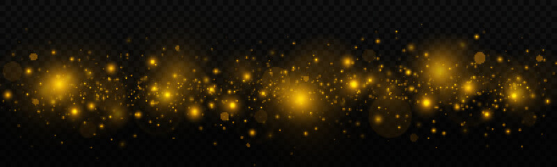 Shiny dust sparks and stars with light effect. Glitter bokeh lights is isolated on a transparent background. Golden glow light effect.