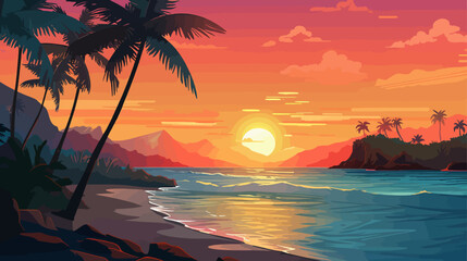 Tropical beach at sunset with palms. Vector illustration in cartoon style