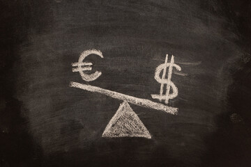 Concept of US dollar and euro oscillation, chalk drawing on blackboard.