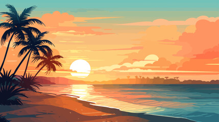 Fototapeta na wymiar Tropical beach at sunset with palms. Vector illustration in cartoon style