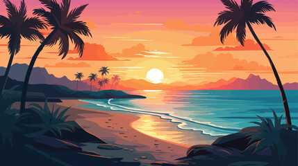 Tropical beach at sunset with palms. Vector illustration in cartoon style