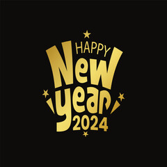 Happy new year gold color typography design on black background. Custom typography design with happy new year 2024. Celebrating new year banner, template, poster, greeting card.
