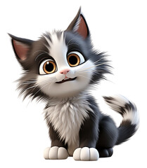 Adorable cute black and white fur cat character on transparent background, generative ai