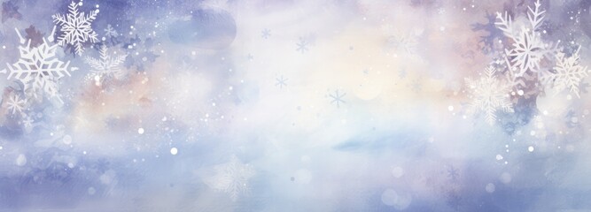 Wide banner winter background with snowflakes and bokeh on soft blue background in watercolor style with space for text. Christmas, New Year Illustration