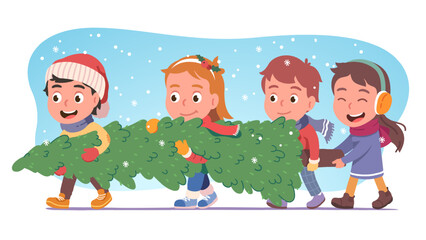 Happy kids carrying Christmas fir-tree together