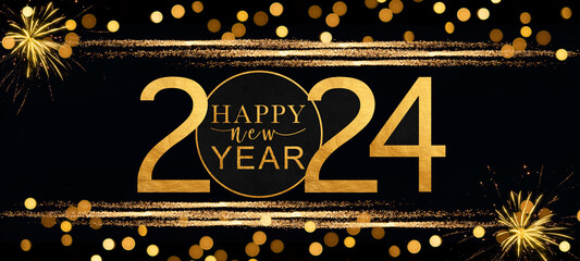 HAPPY NEW YEAR 2024 - Festive silvester New Year's Eve Party background illustration greeting card with year and text  - Frame made of golden fireworks in the dark black night - obrazy, fototapety, plakaty