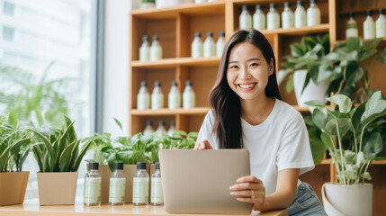 Smiling young woman entrepreneur preparing packages for shipment in a bright, plant-filled workspace with a tablet and eco-friendly products.
