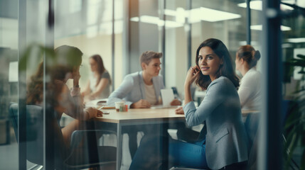 Businesswoman is engaged in a meeting at a modern office