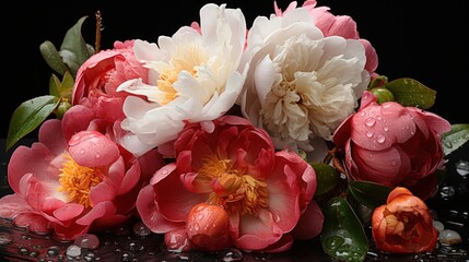 Bouquet of peony flowers with water drops on black background. Springtime Concept. Mothers Day Concept with a Copy Space. Valentine's Day.