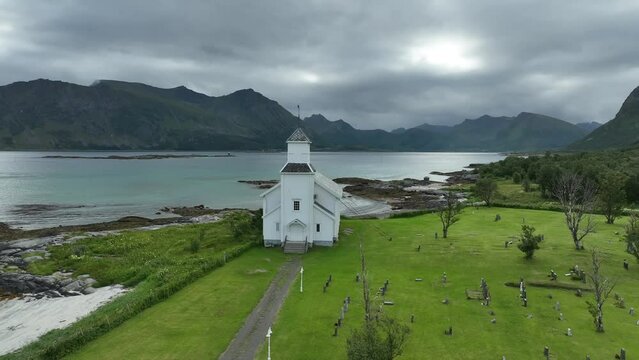 Gimsoy church in the Lofoten Islands. It is a parish church in the municipality of Vagan in Nordland county, Norway. 