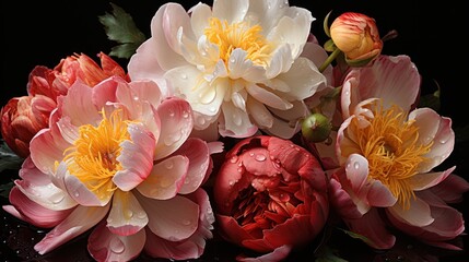 Bouquet of peony flowers with water drops on black background. Springtime Concept. Mothers Day Concept with a Copy Space. Valentine's Day.