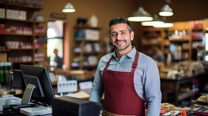 A smiling male cashier in a retail grocery store stands at the checkout counter with a point-of-sale system, dressed in a uniform with an apron and suspenders, ready to assist customers. - obrazy, fototapety, plakaty
