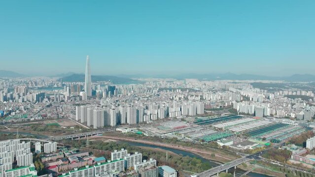 Drone View of Seoul city in South Korea, Suseo Station, Srt, 60fps, Autumn