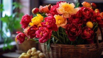 Bouquet of peonies  in a flower shop. Springtime Concept. Mothers Day Concept with a Copy Space. Valentine's Day.