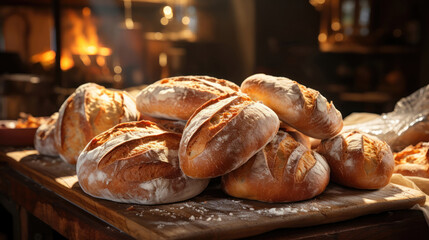 Sunlight filtering through a bakery window onto loaves of bread.