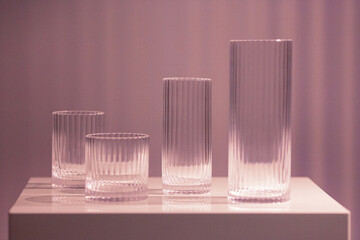 Glass set for home. Close up. Text space. Retro, vintage style. Indoor shot