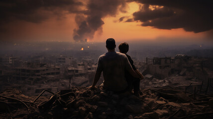 A father and son gaze upon the ruins of their once vibrant city, a silent witness to the ravages of war. Copyspace for poignant storytelling