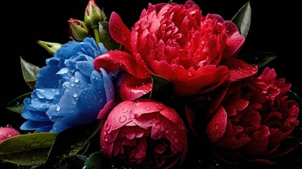 Beautiful bouquet of peonies on black background, closeup. Springtime Concept. Mothers Day Concept with a Copy Space. Valentine's Day.