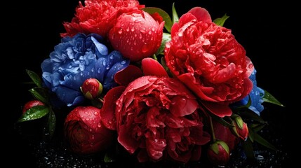 Beautiful bouquet of peonies on black background, closeup. Springtime Concept. Mothers Day Concept with a Copy Space. Valentine's Day.
