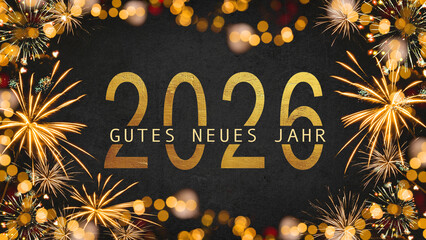 Gutes neues Jahr 2026 Silvester Feiertag Grußkarte mit deutschem Text - Rahmen aus goldenem...