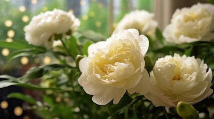 Beautiful white peonies in a vase in the shop. Springtime Concept. Mothers Day Concept with a Copy Space. Valentine's Day.