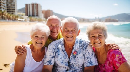 group of smiling European pensioners having fun at a mediterranean city beach looking at the camera