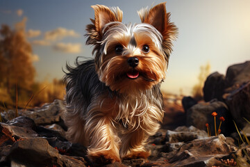 Yorkshire terrier puppy. close-up portrait, against the background of nature. Ai art