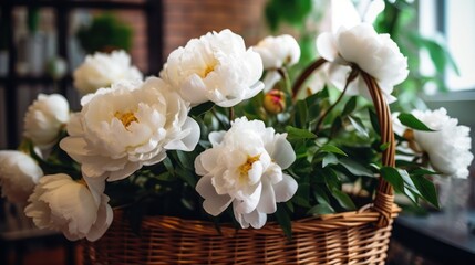Bouquet of white peonies in a wicker basket on the windowsill. Springtime Concept. Mothers Day Concept with a Copy Space. Valentine's Day.