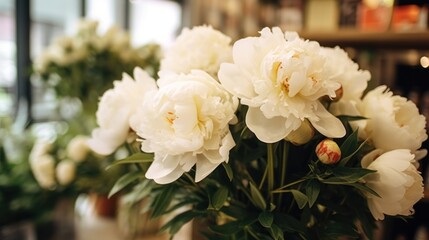 Bouquet of white peonies in a vase on the table. Springtime Concept. Mothers Day Concept with a Copy Space. Valentine's Day.