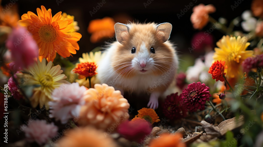 Wall mural A hamster in its little home surrounded by vibrant flowers. - Wall murals