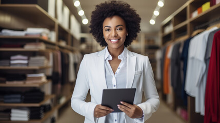 A professional woman with a tablet in hand, smiling and standing in a modern clothing store, surrounded by neatly organized shelves full of various apparel.