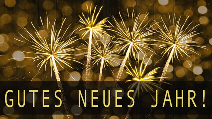 Goldenes Feuerwerk auf schwarzemNacht Himmel Hintergrund, Text Gutes neues Jahr 2024 mit...