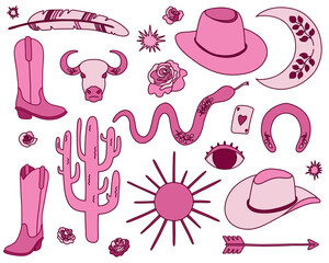 Obraz premium Collection of retro cowgirl elements in pink color. Cowgirl boots, hat, horseshoe, cactus, bull and other. Western and wild west theme.