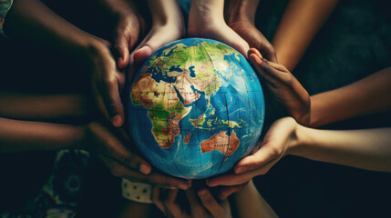 Multiple hands of diverse skin tones coming together to carefully hold a globe, symbolizing unity, diversity, and global cooperation