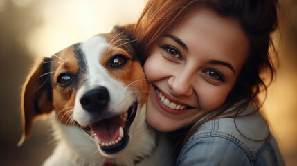 Close-up moment of happiness and affection between a smiling woman and her joyful dog, with a focus on the animal's face and the woman's smiling expression in warm sunlight.