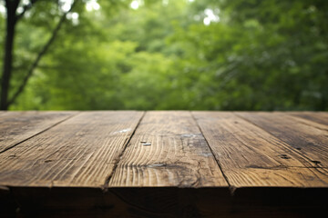 Wooden planks on forest background with soft focus