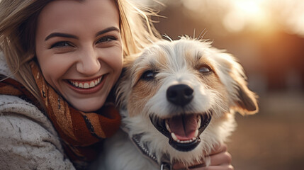 Close-up moment of happiness and affection between a smiling woman and her joyful dog, with a focus on the animal's face and the woman's smiling expression in warm sunlight.