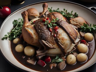 Capture the essence of Coq Au Vin in a mouthwatering food photography shot Generative AI