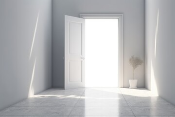 Open door in empty room with white walls
